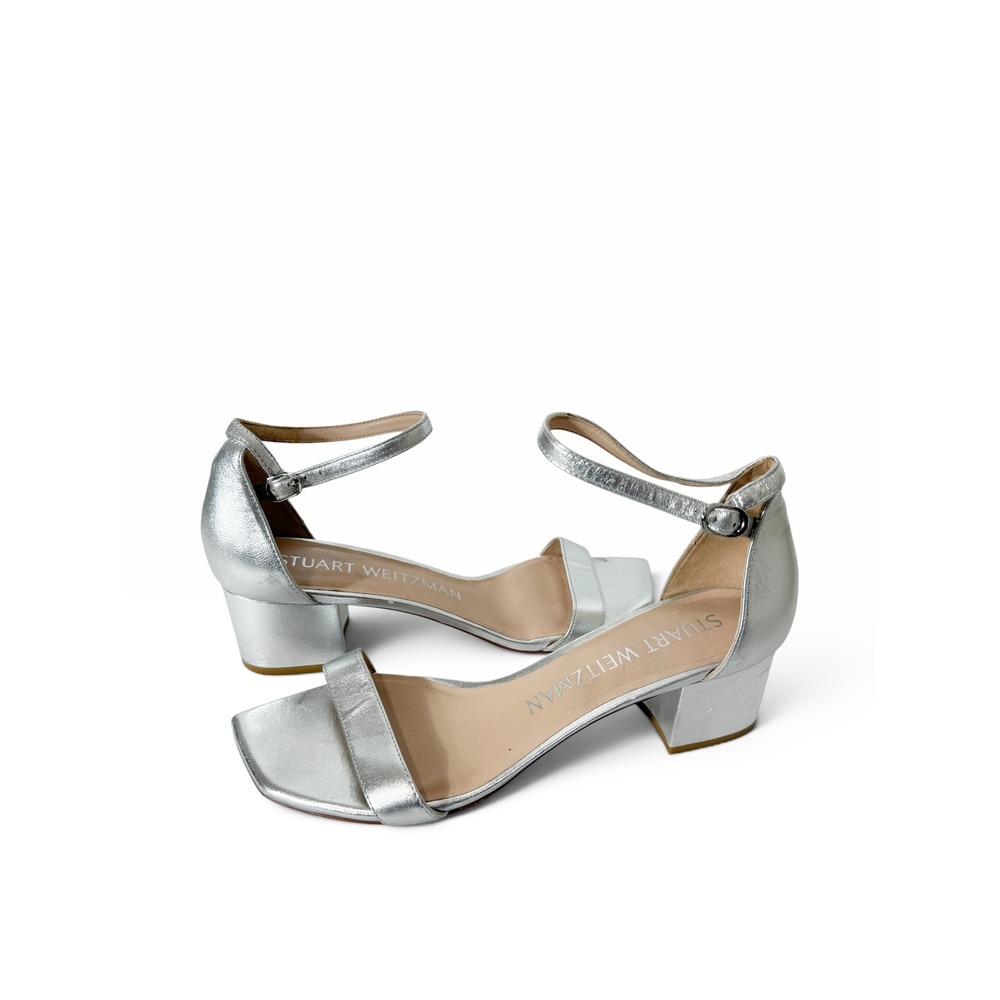 Stuart Weitzman Nudistcurve 50 Silver Metallic Block Heel Sandals Size 9